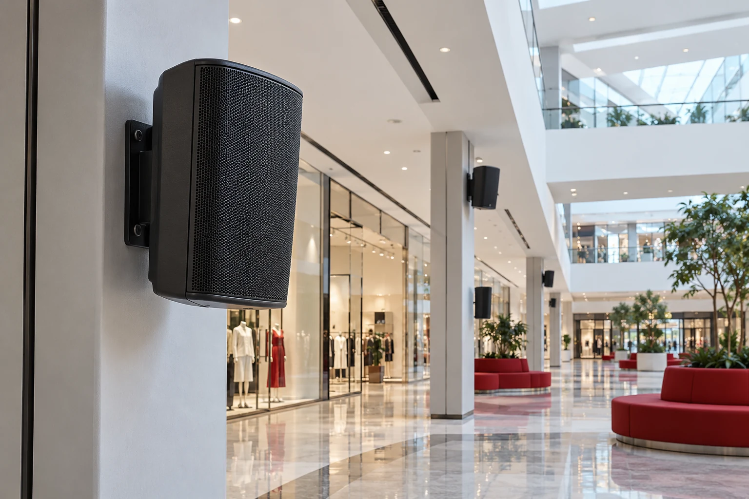 Commercial public address loudspeakers installed throughout a modern shopping mall